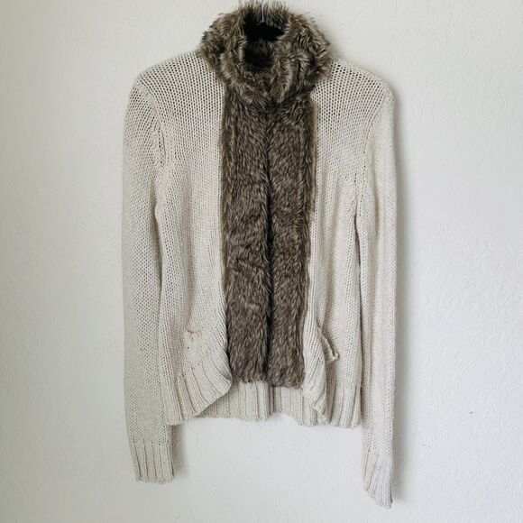 Zara Cardigan Sweater Women L Beige Knit Brown Fur Mob Wife Glam Preppy Boho - Picture 1 of 12